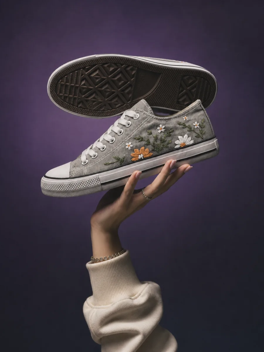 A hand holding a hand-embroidered KULT sneaker